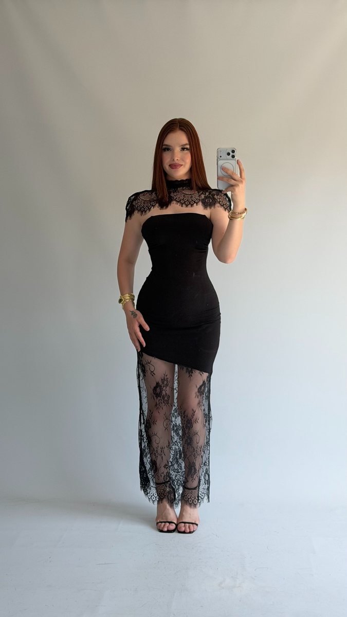 Black Dress with Lace Panel and Slit
