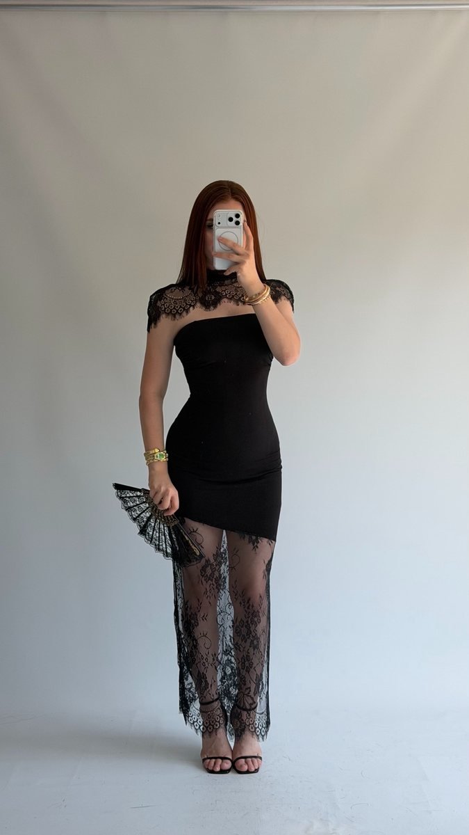 Black Dress with Lace Panel and Slit
