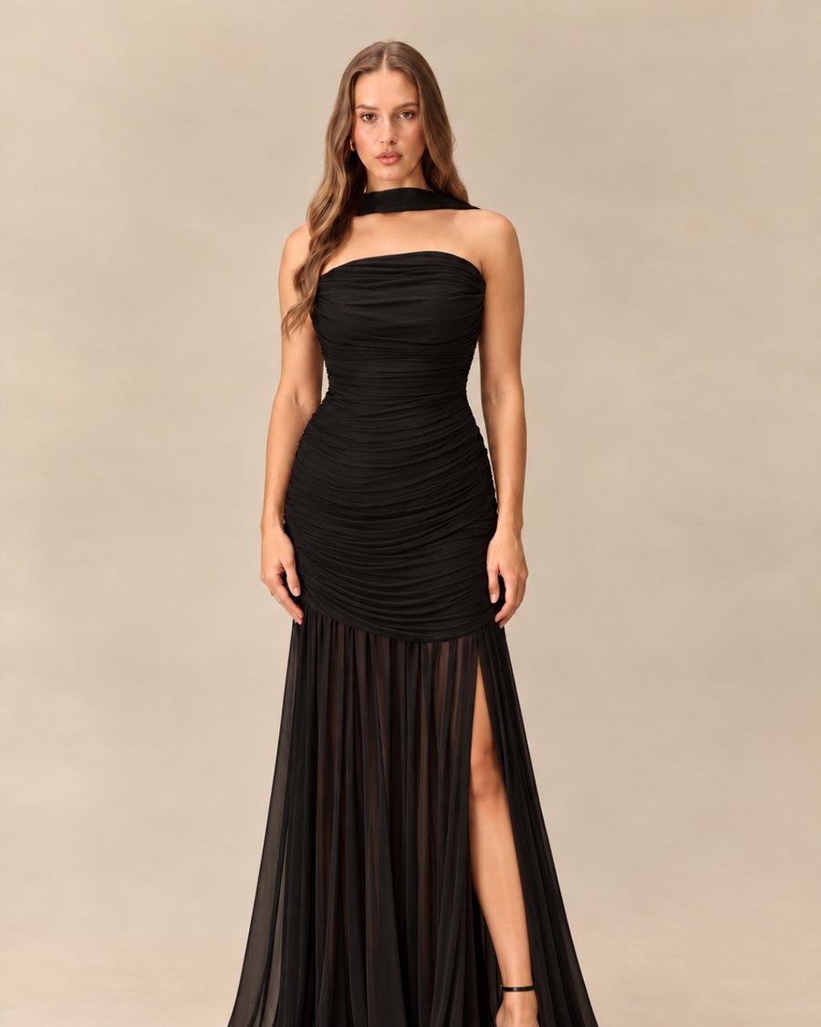 Black Strapless Ruched Evening Gown
