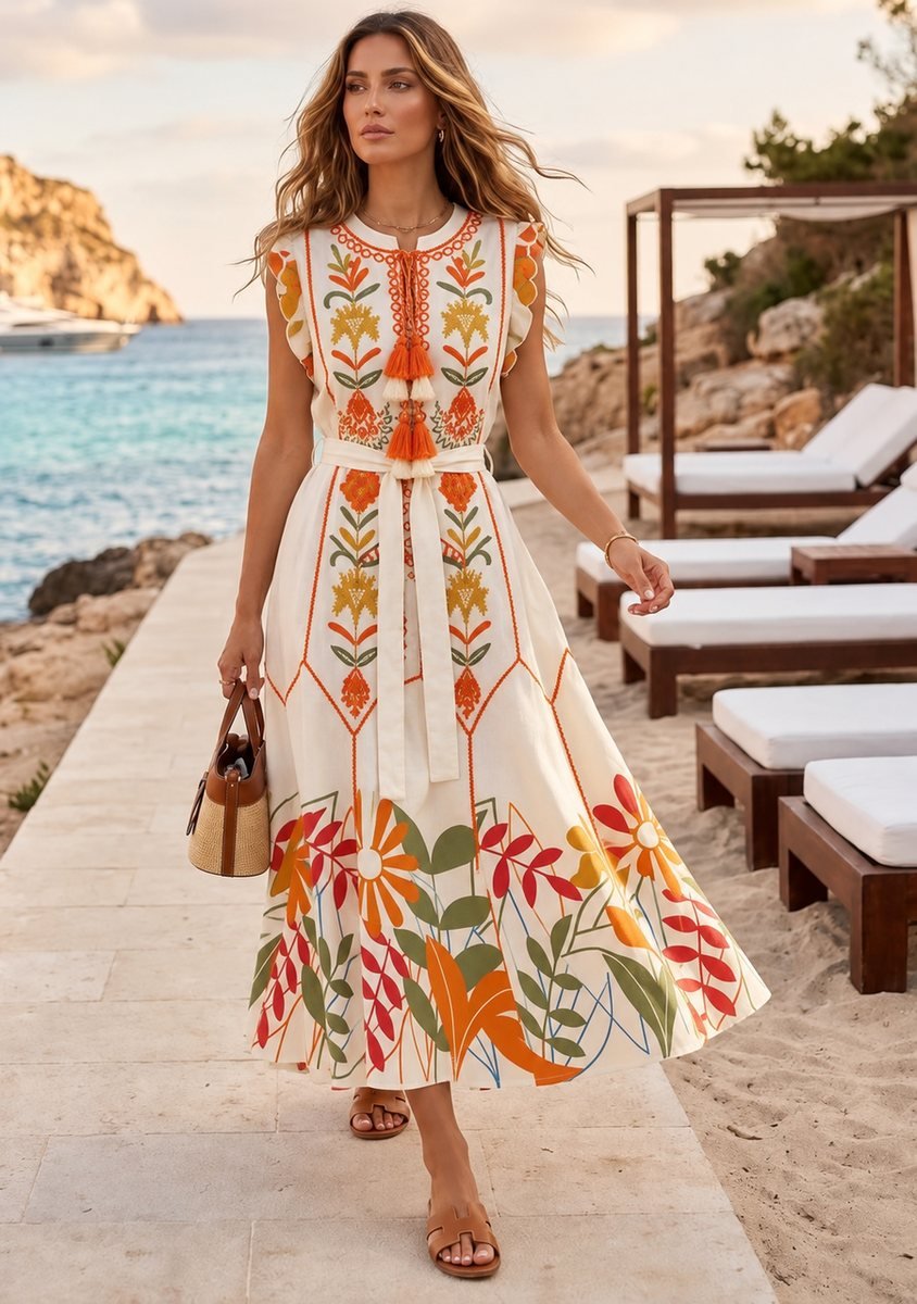 Cream Maxi Dress with Orange Floral Embroidery