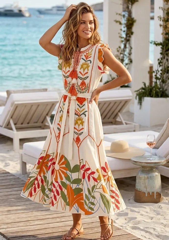 Cream Maxi Dress with Orange Floral Embroidery