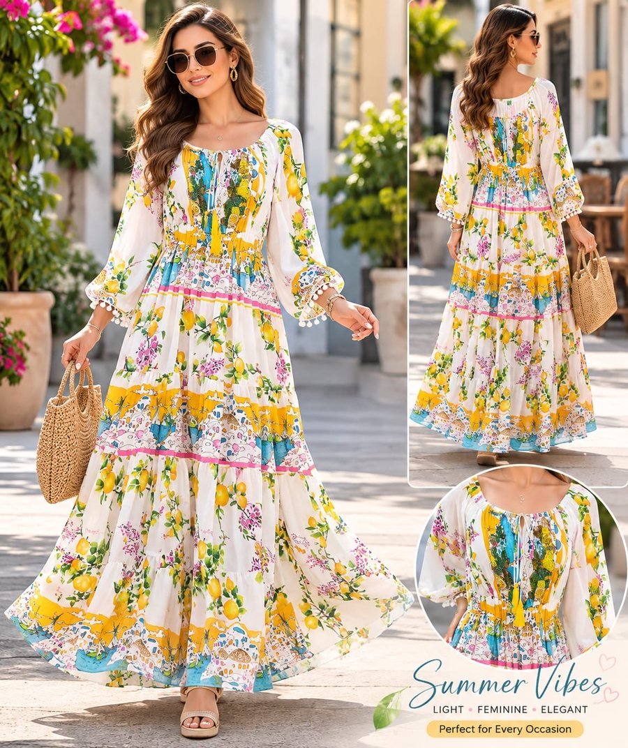 Floral Tiered Maxi Dress with Long Sleeves