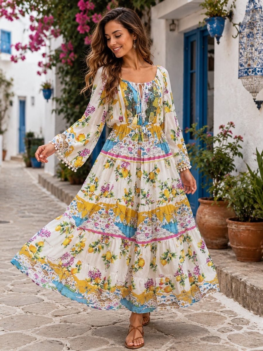 Floral Tiered Maxi Dress with Long Sleeves
