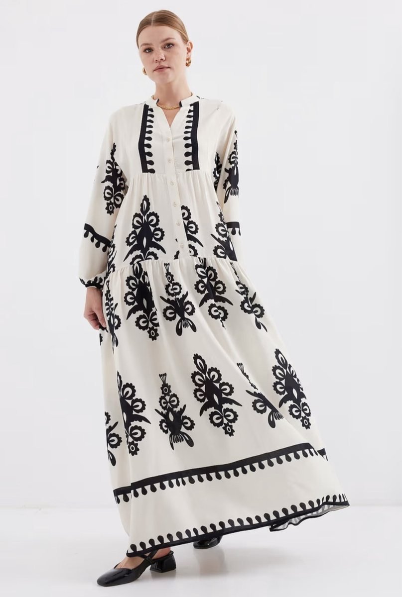 Cream Maxi Dress with Bold Black Print