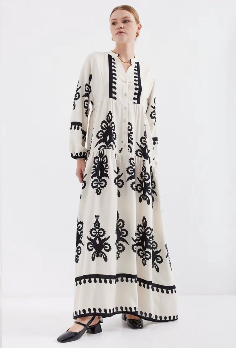 Cream Maxi Dress with Bold Black Print