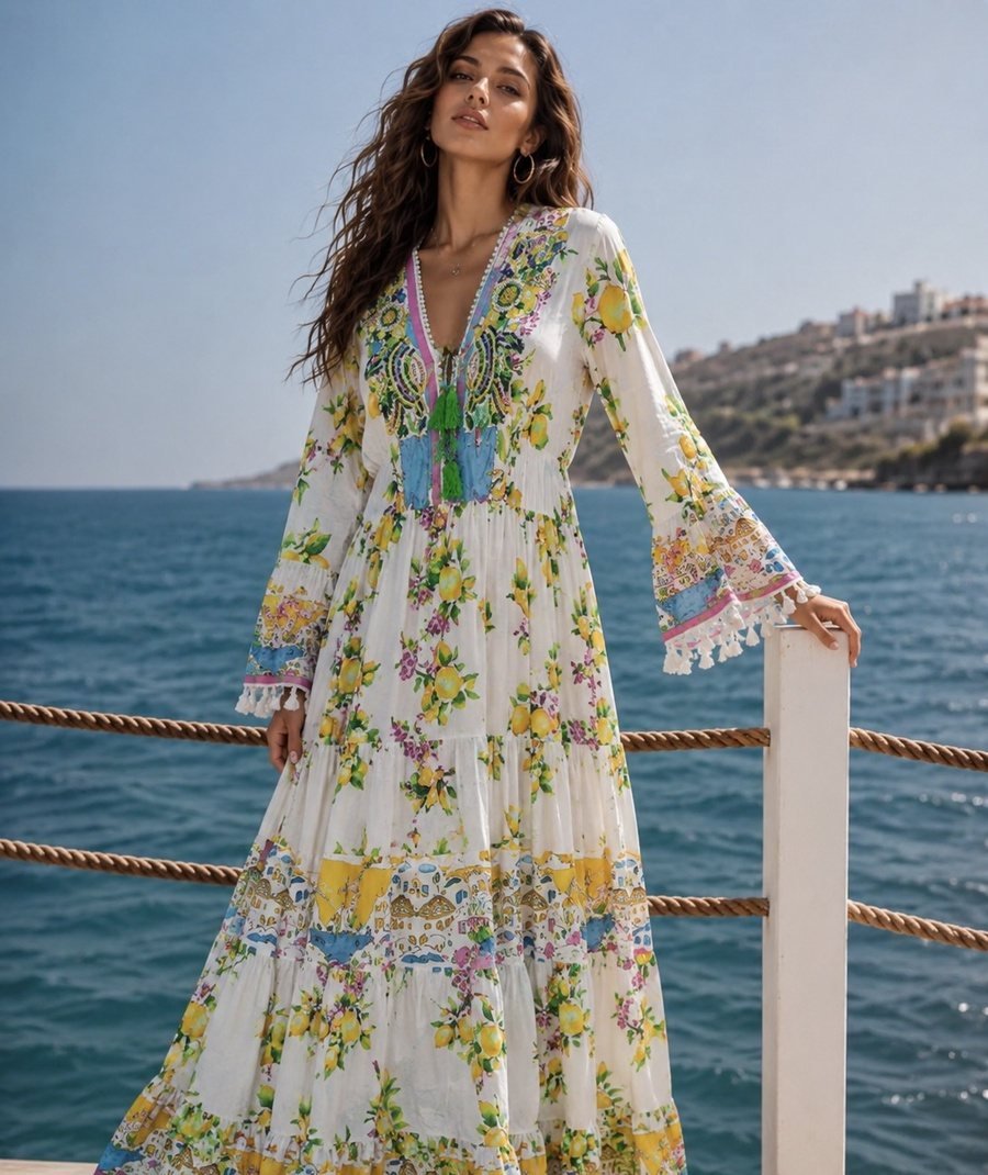 White Maxi Dress with Lemon Print and Bell Sleeves