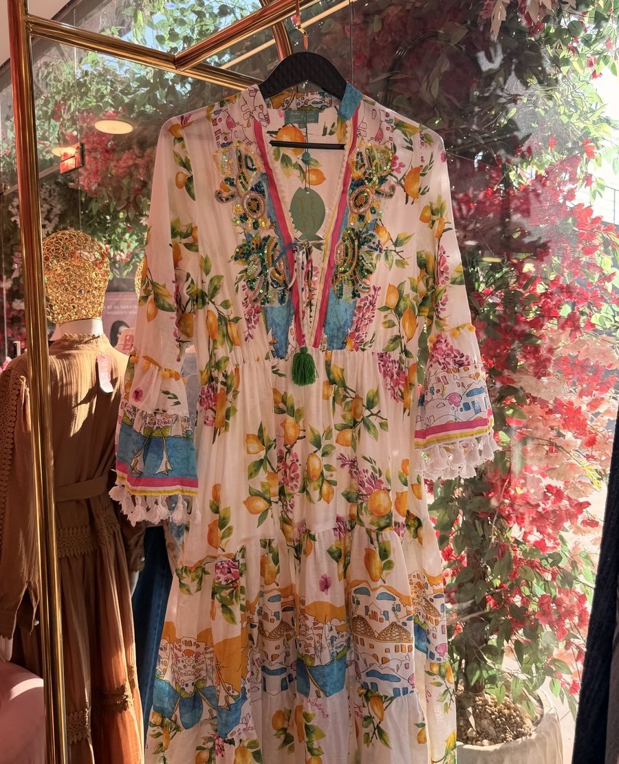 White Maxi Dress with Lemon Print and Bell Sleeves