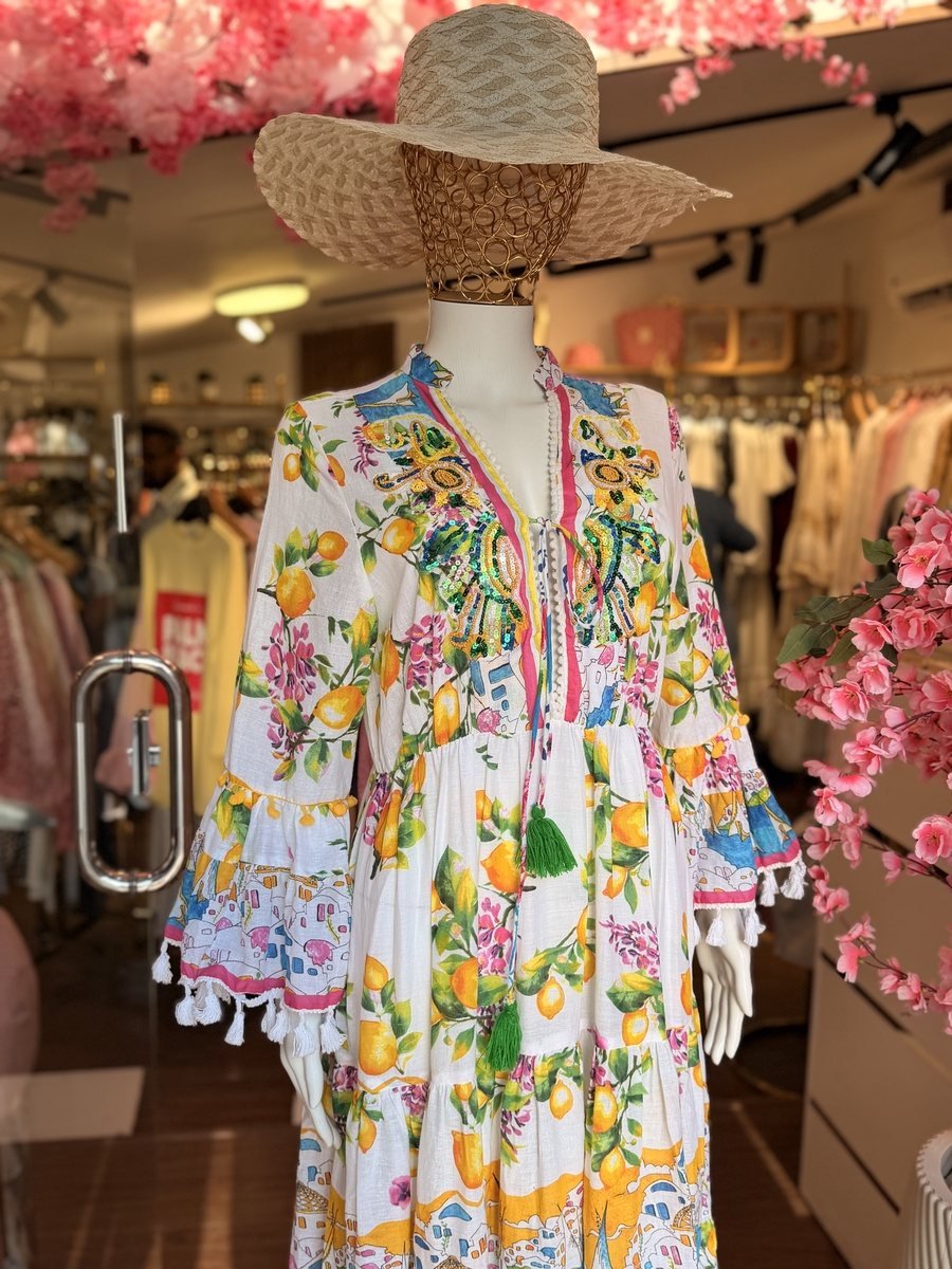 White Maxi Dress with Lemon Print and Bell Sleeves