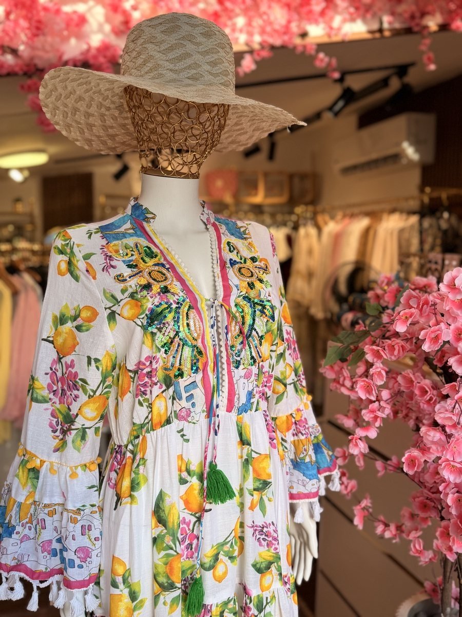 White Maxi Dress with Lemon Print and Bell Sleeves