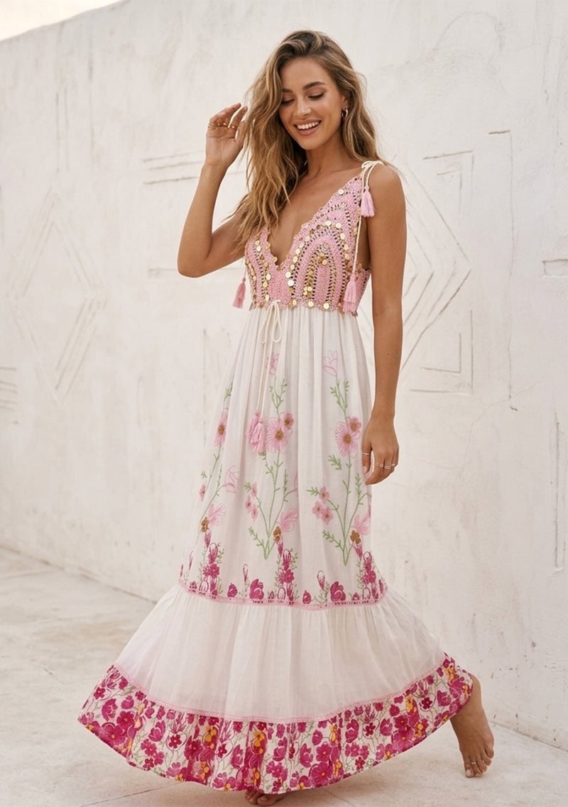 Pink Hand-Embroidered Floral Maxi Dress