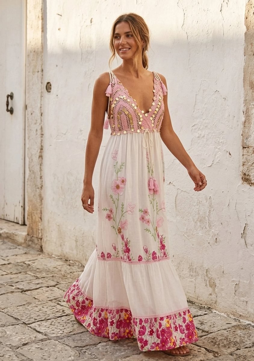 Pink Hand-Embroidered Floral Maxi Dress