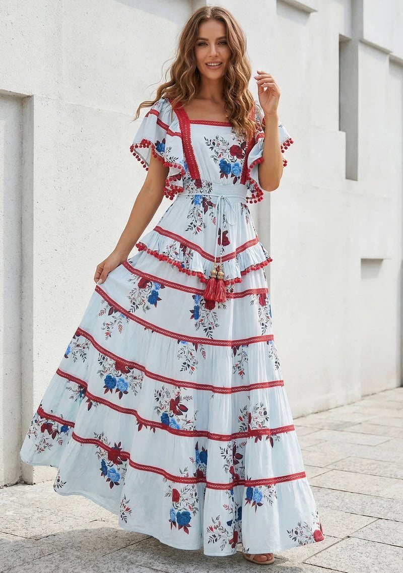 Floral Tiered Maxi Dress with Ruffle Sleeves