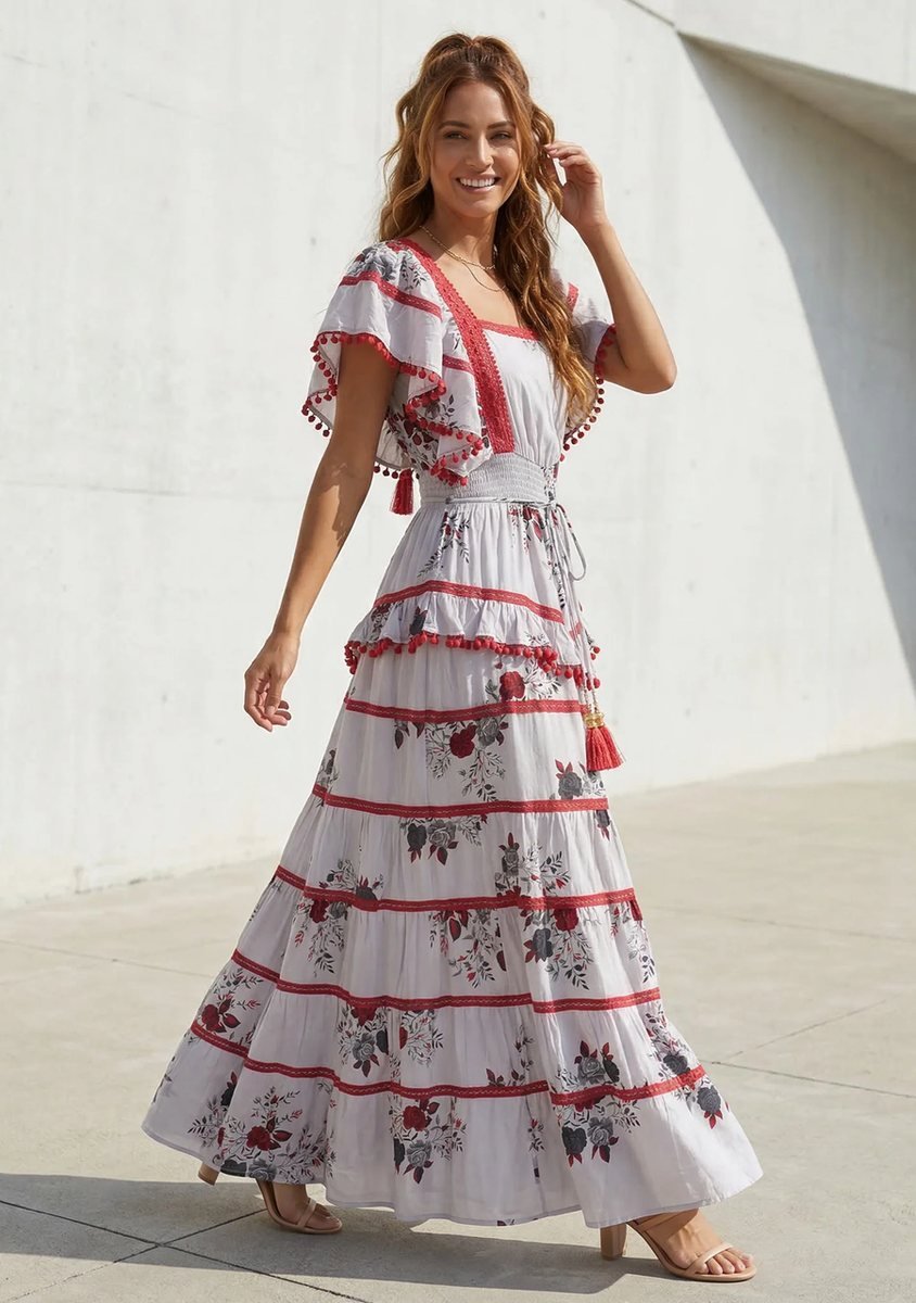 Floral Tiered Maxi Dress with Ruffle Sleeves