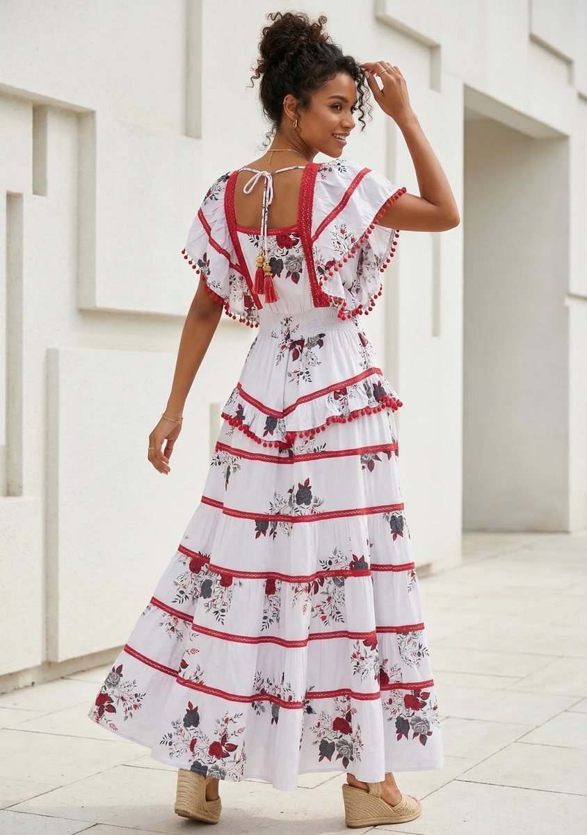 Floral Tiered Maxi Dress with Ruffle Sleeves