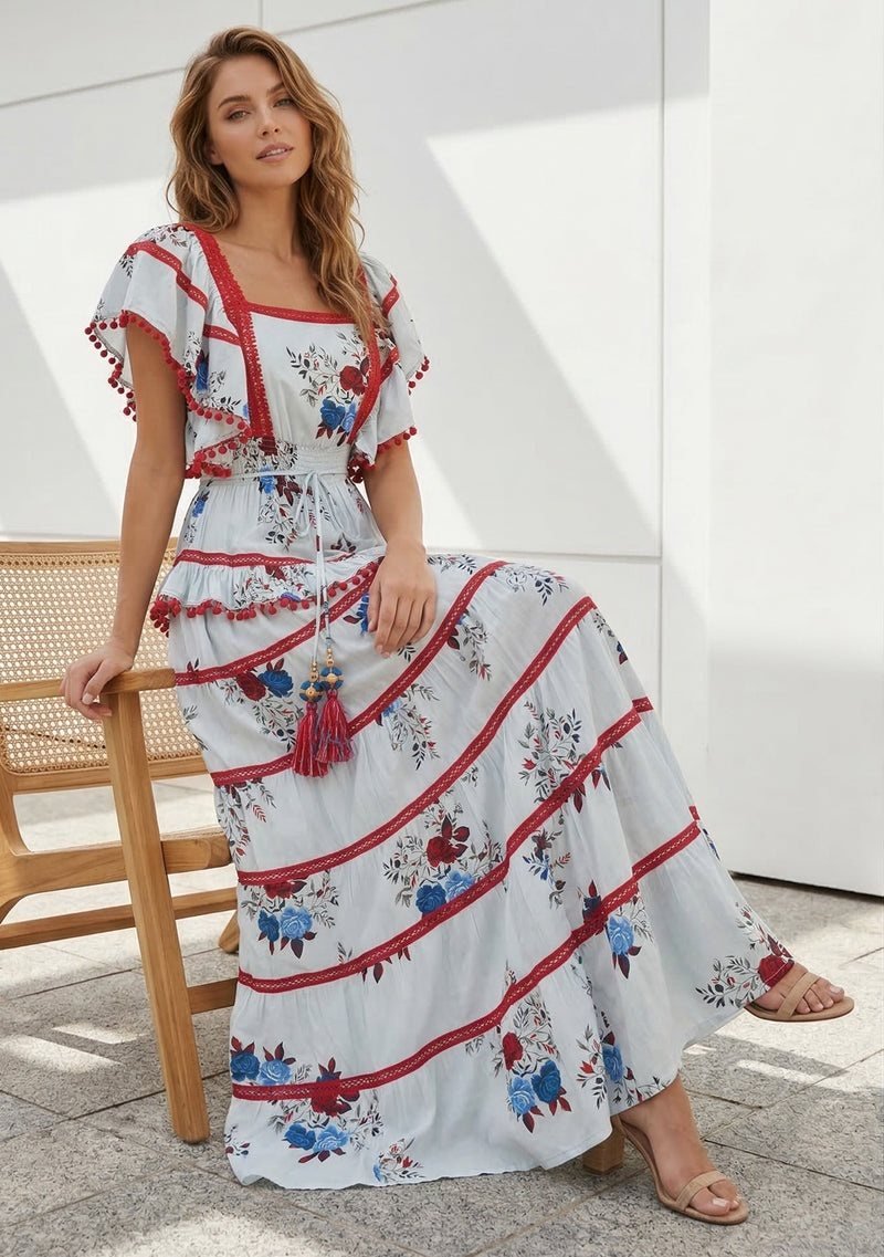 Floral Tiered Maxi Dress with Ruffle Sleeves