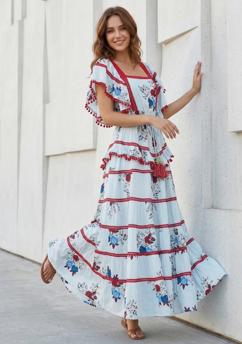 Floral Tiered Maxi Dress with Ruffle Sleeves