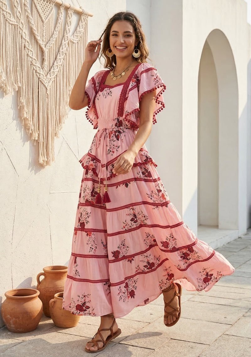 Floral Tiered Maxi Dress with Ruffle Sleeves