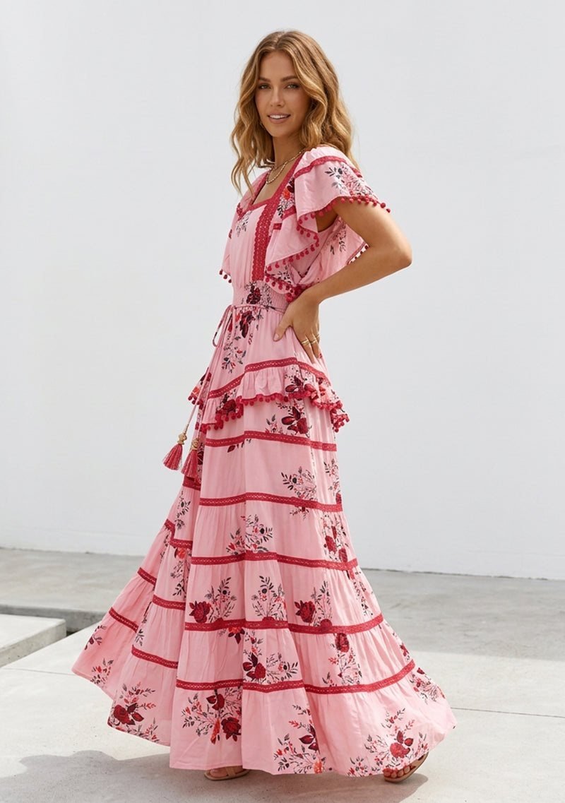 Floral Tiered Maxi Dress with Ruffle Sleeves