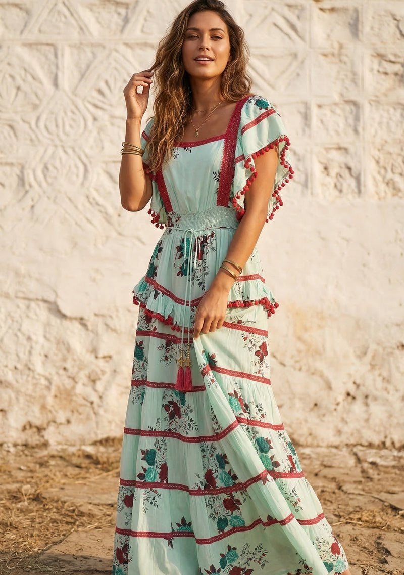 Floral Tiered Maxi Dress with Ruffle Sleeves