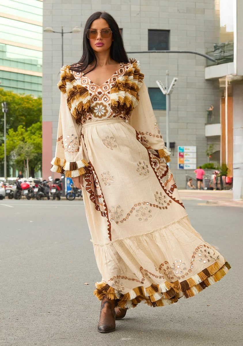 Hand-Embroidered Maxi Dress with Fringe Trim
