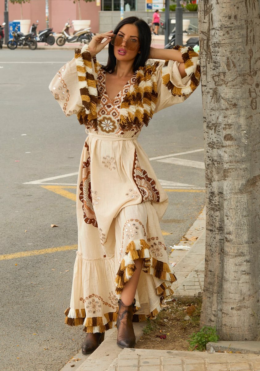 Hand-Embroidered Maxi Dress with Fringe Trim