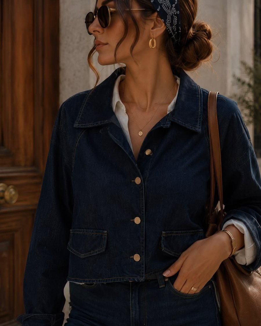 Navy Denim Jacket with Chest Pockets
