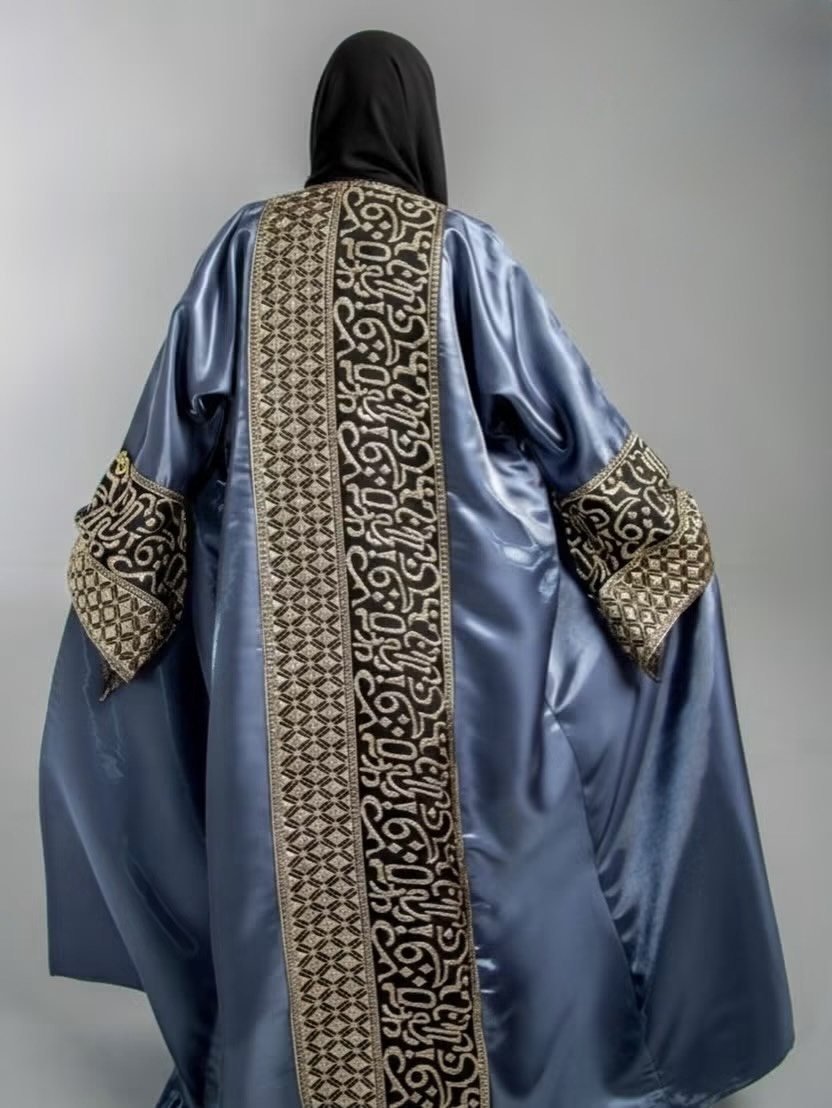 Blue Satin Kimono Abaya with Embroidered Cuffs