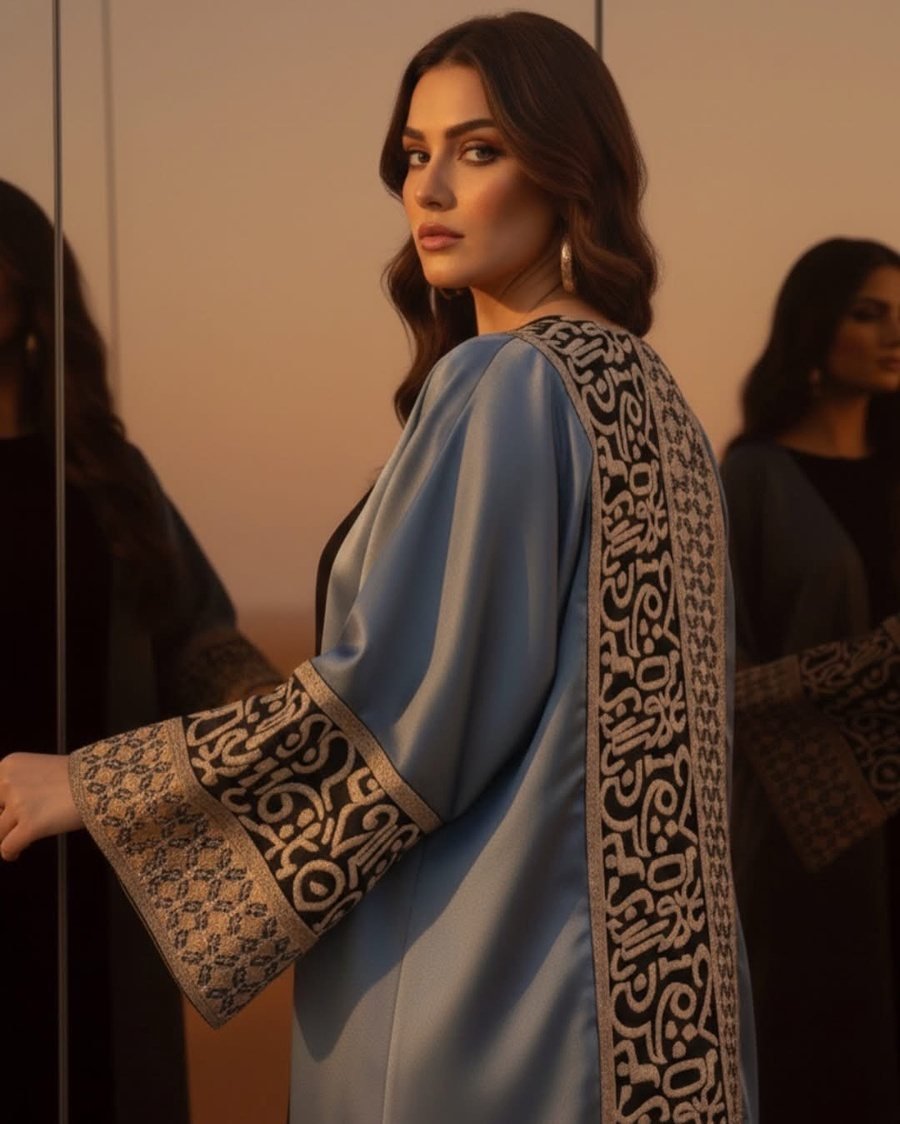 كيمونو ساتان أزرق بأكمام مطرزة