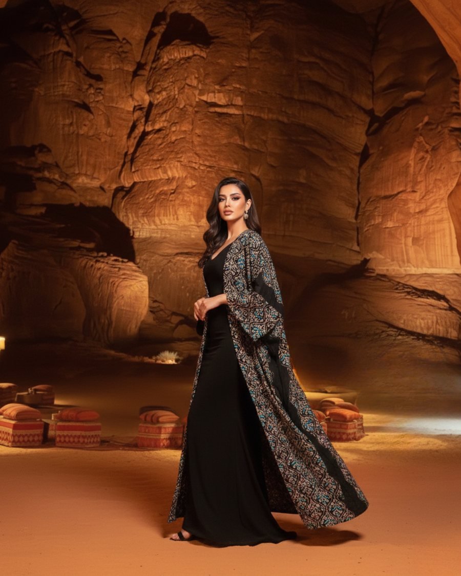 Black Embroidered Kaftan Cape with Colourful Threadwork