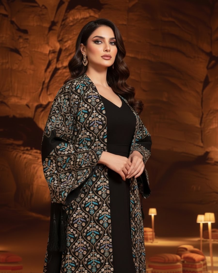 كاب كفتان أسود مطرز بخيوط ملوّنة