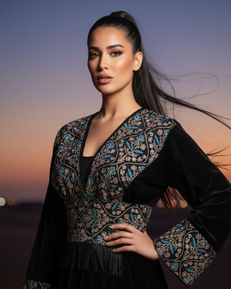 Black Velvet Kaftan with Colorful Embroidery