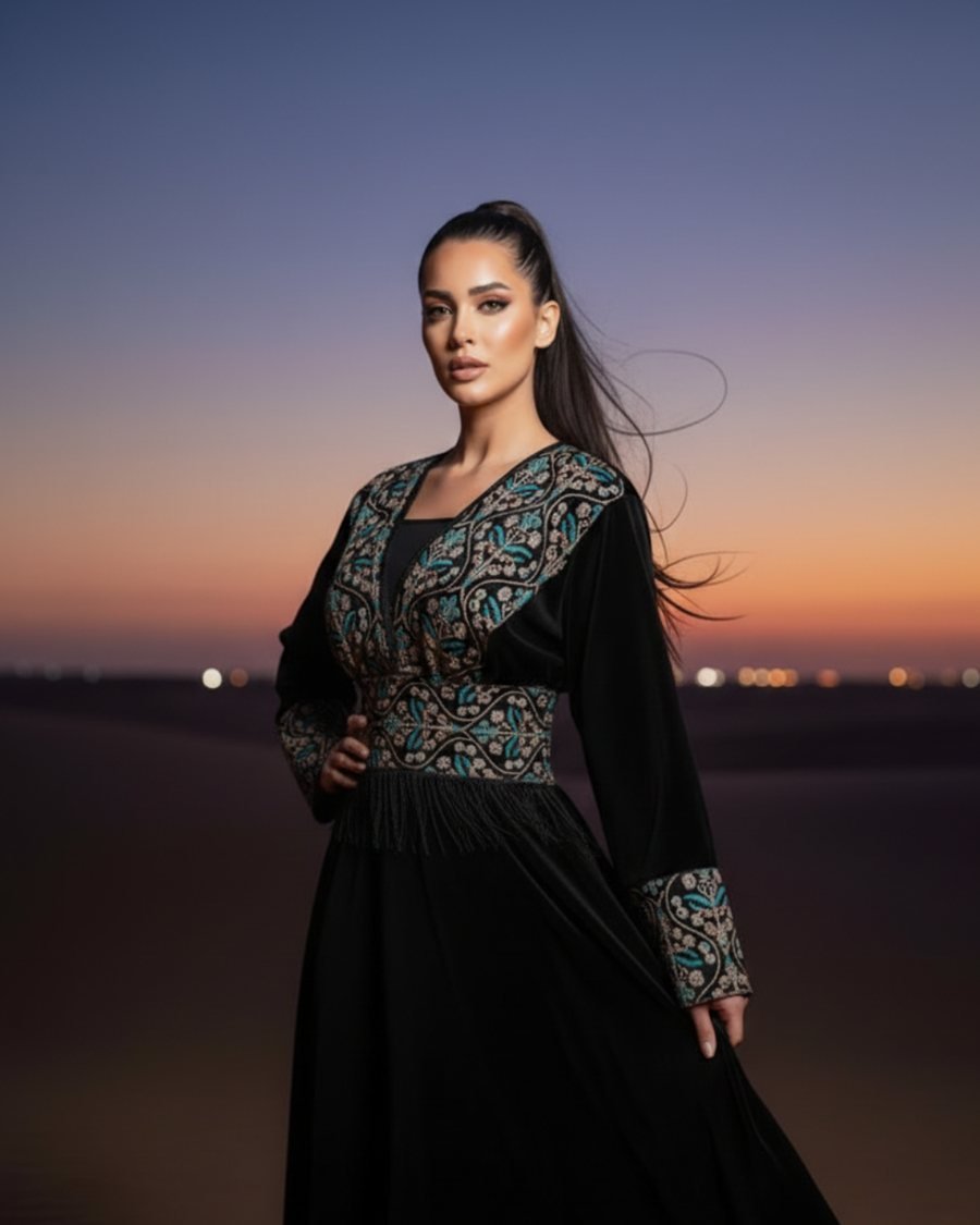 Black Velvet Kaftan with Colorful Embroidery