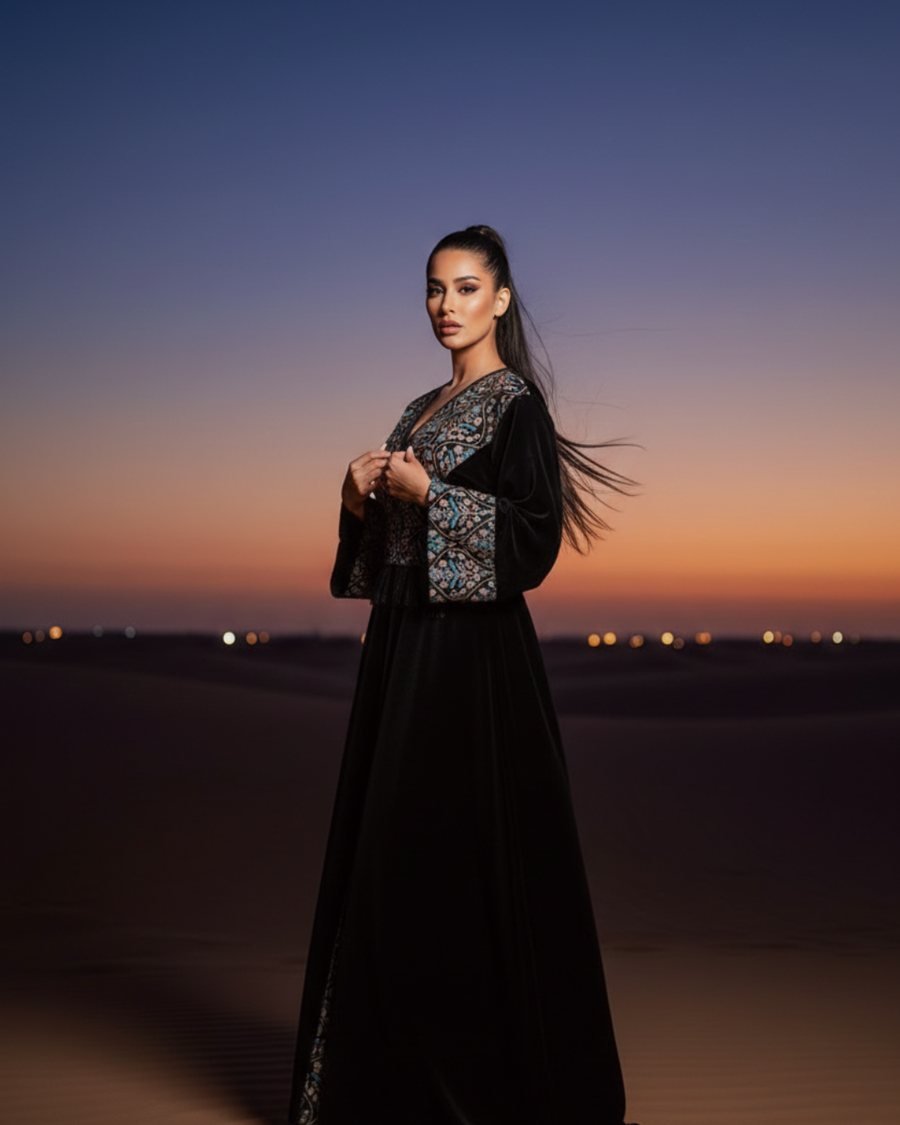 قفطان  أسود بتطريز ملوّن وأطراف كشكش