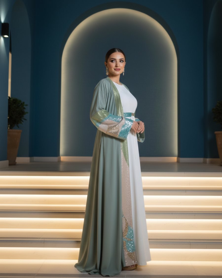 Sage Green Kaftan with Embellished Panel