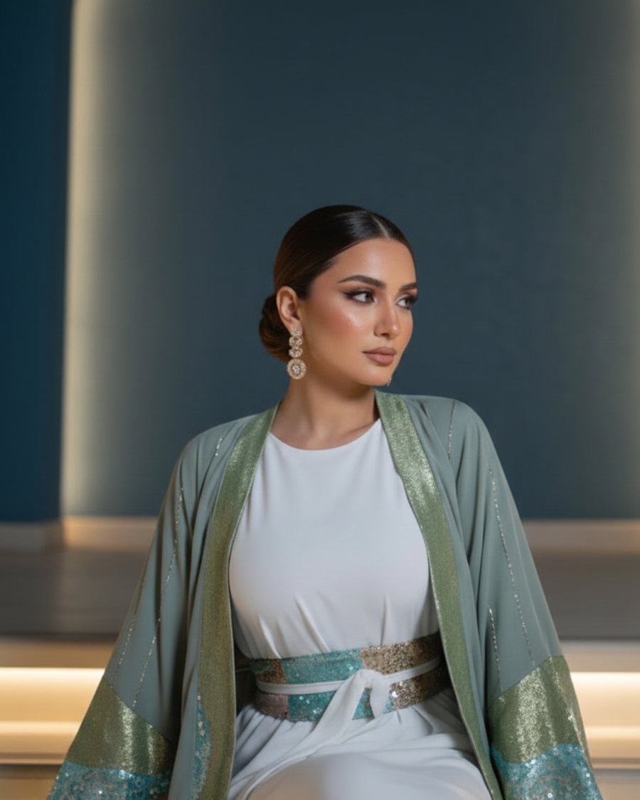 Sage Green Kaftan with Embellished Panel