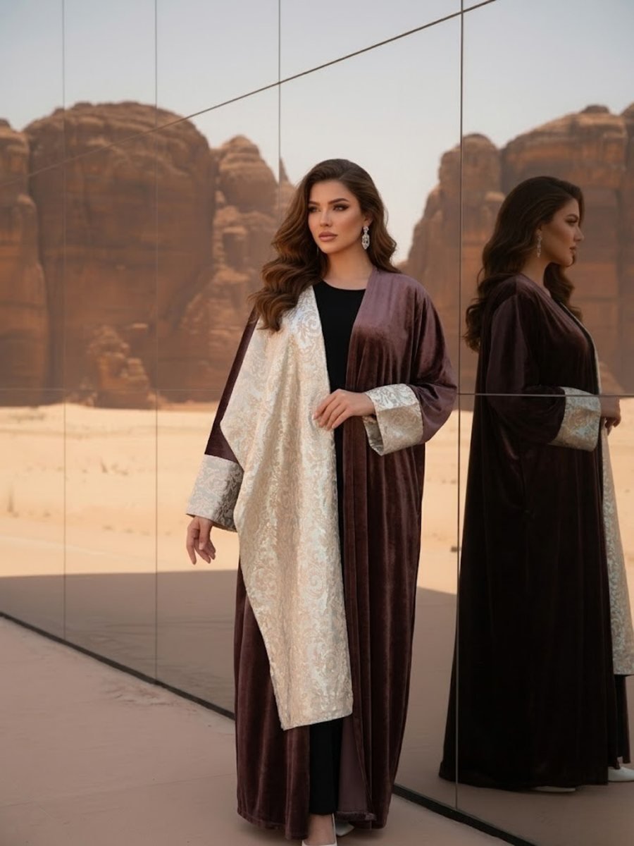 Brown Velvet-Look Kaftan with Cream Panel