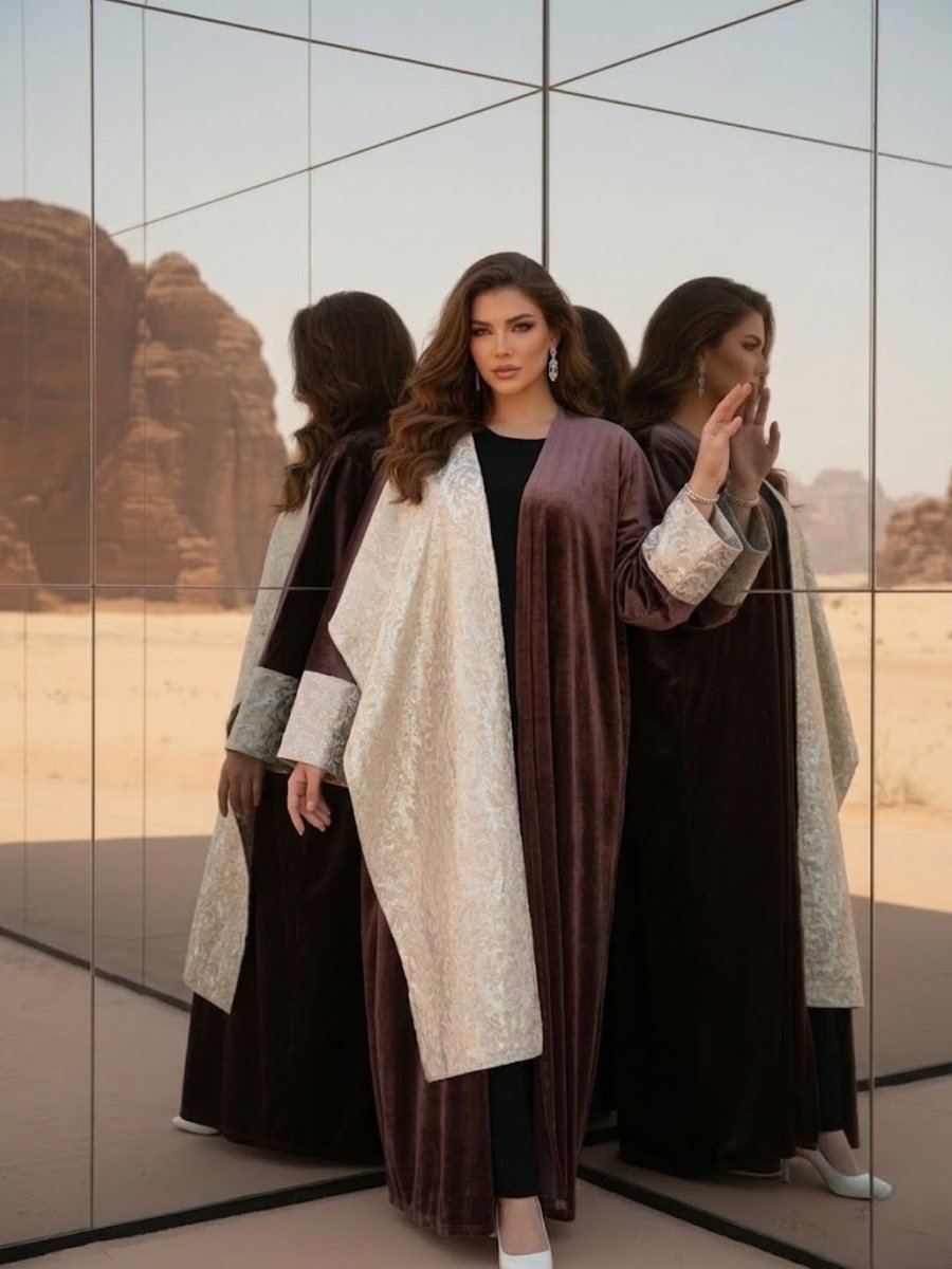 Brown Velvet-Look Kaftan with Cream Panel