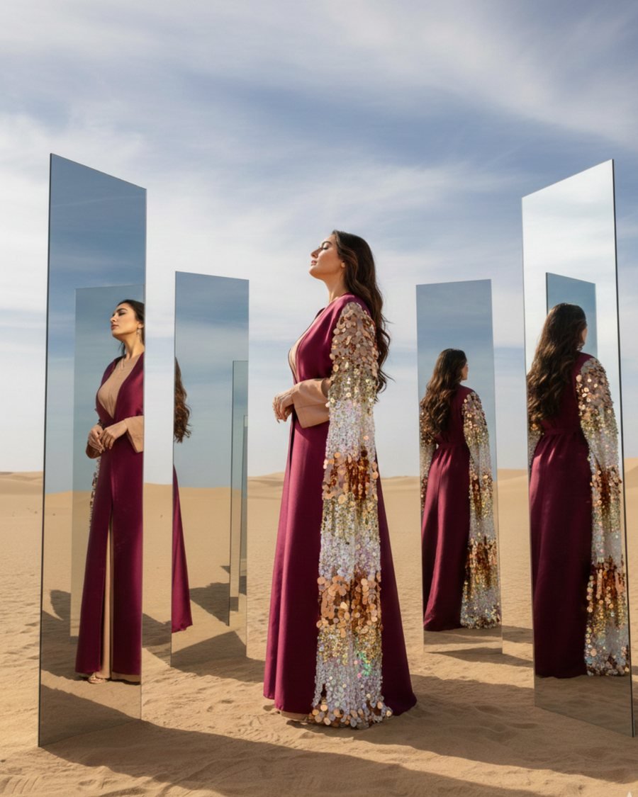 Burgundy Open Abaya with Gold Sequin Sleeves