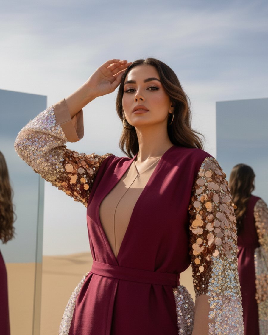 Burgundy Open Abaya with Gold Sequin Sleeves