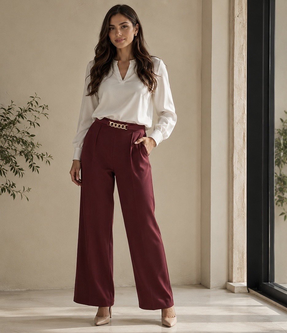 Burgundy Wide-Leg Pants with Chain Belt Detail