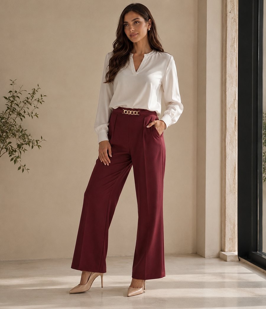 Burgundy Wide-Leg Pants with Chain Belt Detail