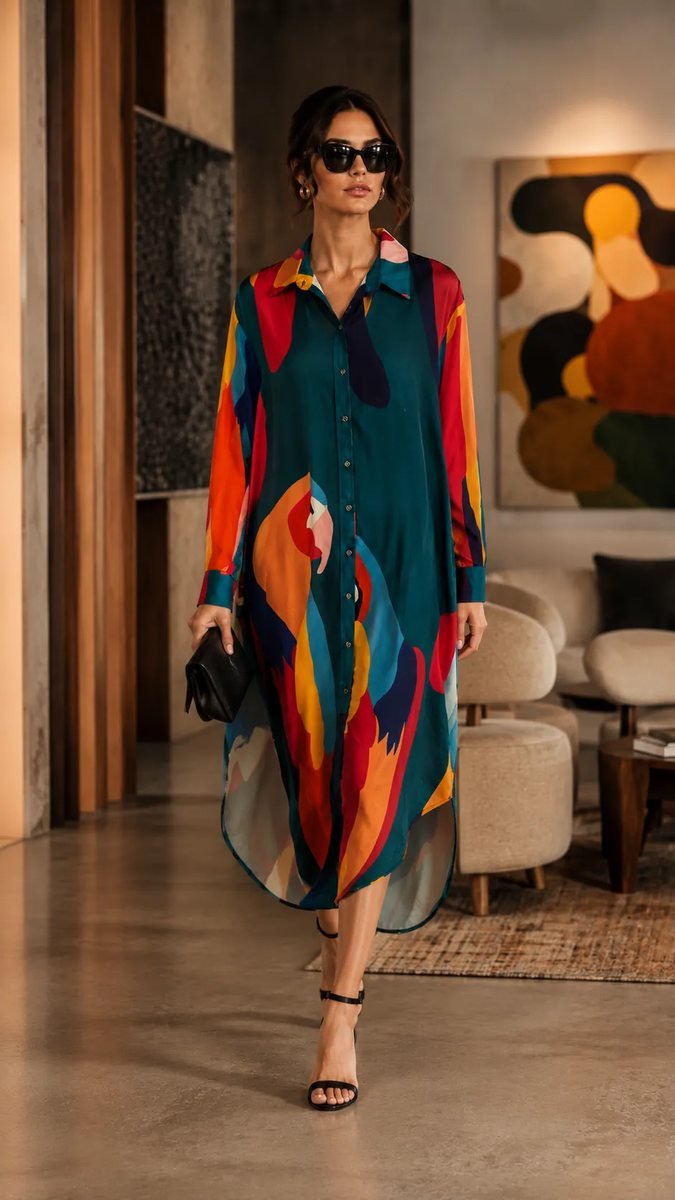Long Shirt Dress with Colourful Abstract Print