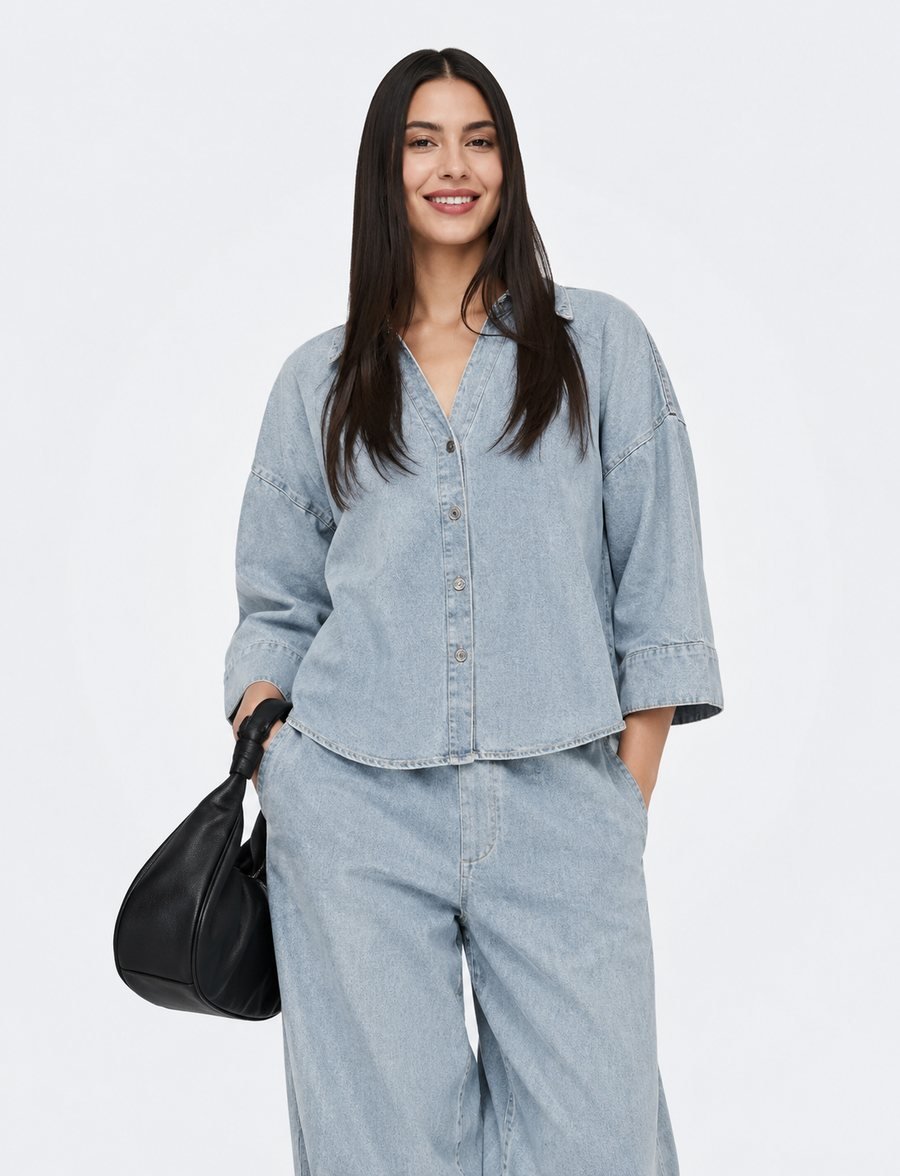 Light Denim Shirt and Wide-Leg Pants Set
