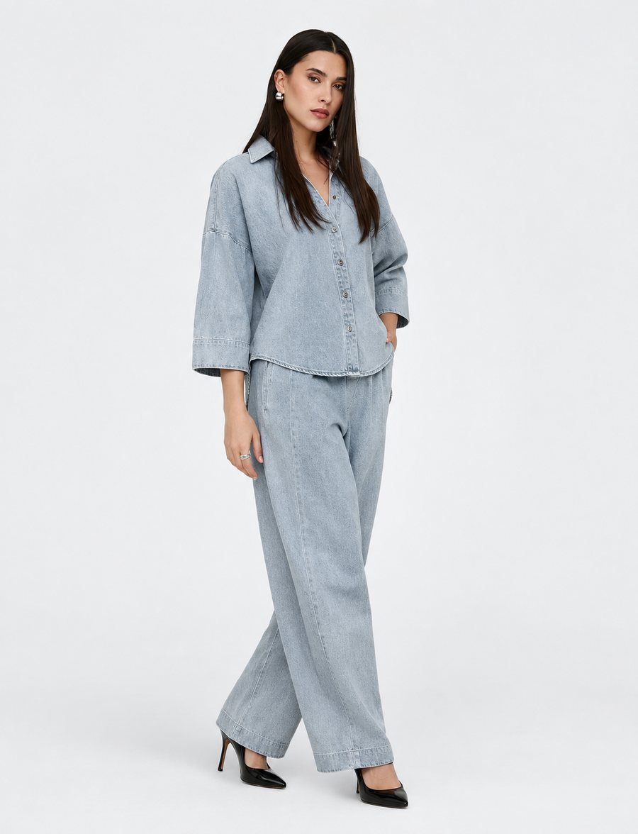 Light Denim Shirt and Wide-Leg Pants Set