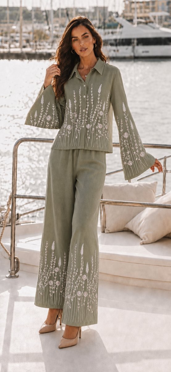 Beige Set with Leaf Embroidery and Wide Trousers