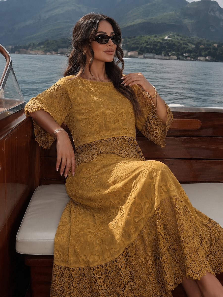 Embroidered Lace Set in Mustard Gold