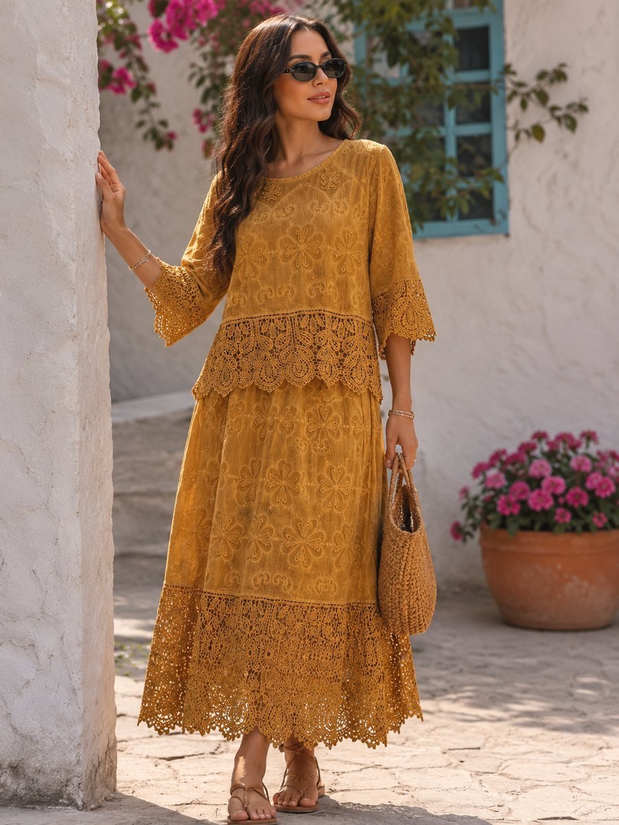 Embroidered Lace Set in Mustard Gold