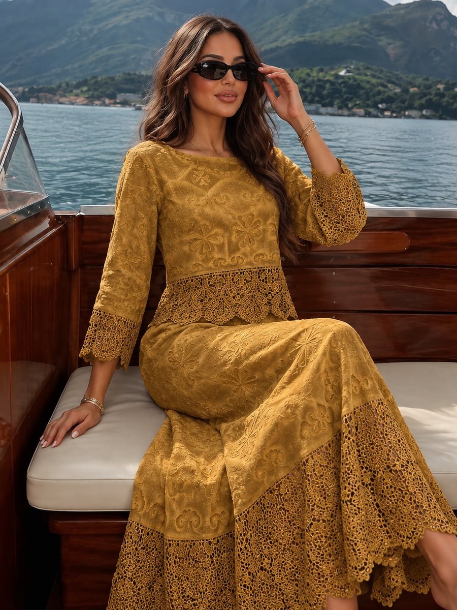 Embroidered Lace Set in Mustard Gold