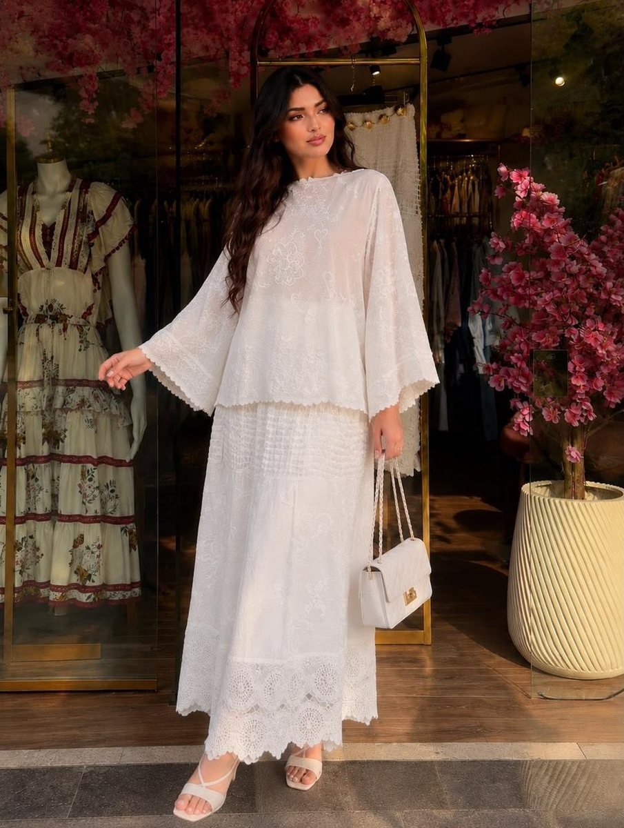 White Embroidered Top and Long Skirt Set