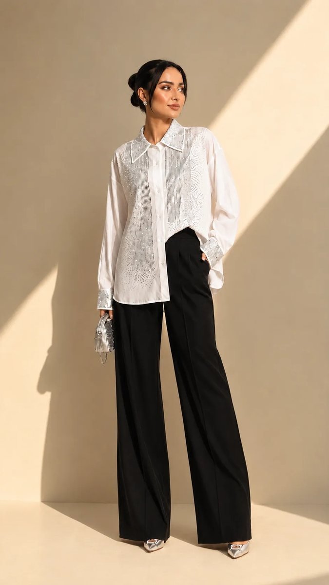White Shirt with Crystal Embellished Front